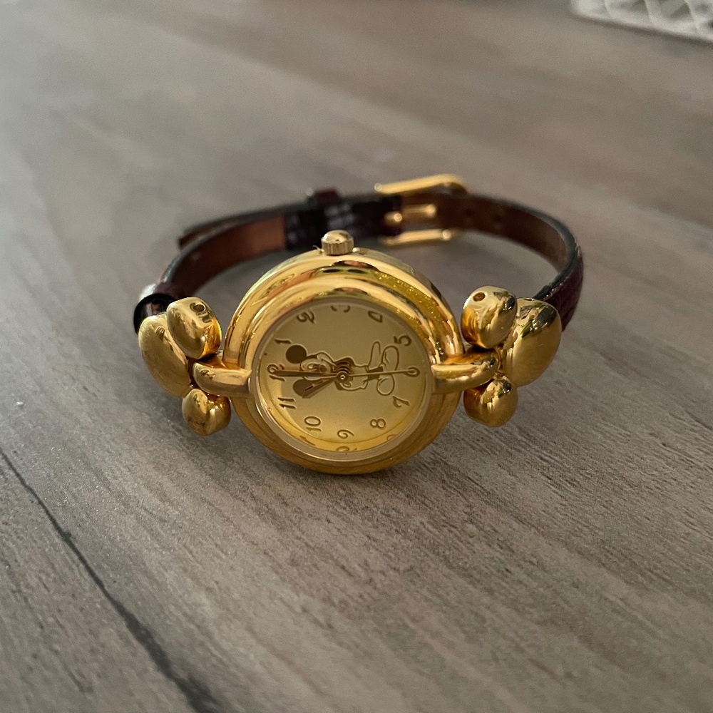 Walt Disney Mickey Mouse ears watch gold and leather vintage